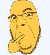 alternate closed_mouth emoticon glasses hand looking_to_the_left raised_eyebrow soyjak stubble thinking variant:cobson yellow yellow_skin 🤔 // 775x849 // 38.7KB