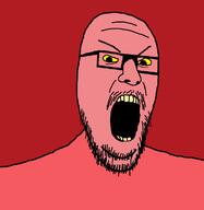 angry glasses mustache open_mouth red_background red_skin soyjak stretched_mouth stubble variant:wheatonjak yellow_sclera yellow_teeth // 1152x1180 // 38.9KB