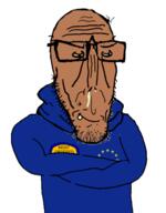 arm award beard brown_skin closed_mouth crossed_arms european european_union flag flag:european_union glasses most_obsessed_faggot_award mutt red_eyes shitskin smug star_(symbol) subvariant:euromutt sweater variant:markiplier_soyjak // 452x578 // 97.0KB