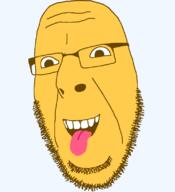 emoticon glasses grin happy no_eyebrows open_mouth series:soymoji soyjak stubble tongue variant:cobson yellow yellow_skin // 721x789 // 29.2KB