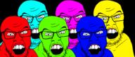 angry blue glasses green multiple_soyjaks open_mouth pink red soyjak stubble trend:colorjak variant:feraljak yellow // 2926x1251 // 71.1KB