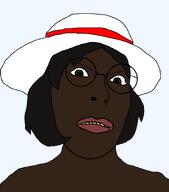 angry black_skin brown_eyes clothes female frown glasses hair hat nigger nigger_lips red_lips rotting subvariant:female_cobson t50_eyes teeth variant:cobson yellow_teeth // 962x1094 // 24.6KB