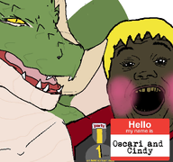 amphibian animated arachna arachnid bee character:cindy four_eyes frog gray_skin indoraptor meta:self_insert name_tag nas:pepe pepe_the_frog poodlespoodlespoodles red_background subvariant:gapealien subvariant:hunky_twink_sex_machine variant:alicia variant:bernd variant:gapejak variant:impish_soyak_ears variant:smugjak yellow_eyes // 1200x1125 // 866.6KB