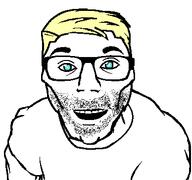 arm blond blue_eyes buff clothes glasses hair happy open_mouth series:aryan_soyjaks soyjak stubble trend:aryan variant:el_perro_rabioso yellow_hair // 388x363 // 23.3KB
