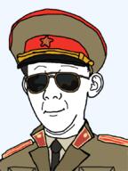 closed_mouth clothes collar_tabs communism ear epaulettes glasses hammer_and_sickle hat military military_cap military_uniform necktie smile soviet_army_uniform soviet_union soyjak sunglasses uniform variant:kuzjak // 648x864 // 152.1KB