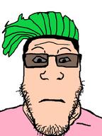 closed_mouth clothes glasses green_hair hair meta:self_insert new_zealander pink_shirt soyjak stubble subvariant:neutralplier sunglasses variant:markiplier_soyjak white_skin young_jock_(user) // 600x800 // 84.3KB