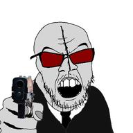 angry clothes firearm glasses grey_skin gun hand holding_gun holding_object holding_pistol madness_combat necktie open_mouth pistol soyjak stubble suit sunglasses variant:feraljak weapon // 1000x1000 // 184.9KB