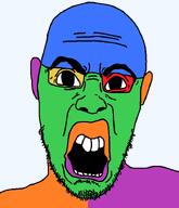 angry big_eyes big_lips buck_teeth colorful disgusted ear glasses open_mouth soyjak stubble transparent_background variant:halojak // 620x720 // 31.2KB