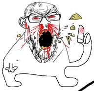 angry blood bloodshot_eyes burned cracked_teeth ear finger full_body glasses hand nosebleed open_mouth red_eyes small soyjak stubble subvariant:feralrage variant:feraljak vein yellow_teeth // 426x413 // 102.9KB