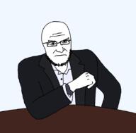 arm closed_mouth clothes glasses soyjak stubble suit table variant:unknown watch // 846x831 // 18.8KB