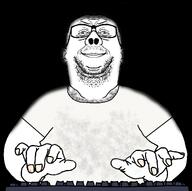 aliased arm black_background body_hair body_only closed_mouth dark_room dirty_nails ear glasses gooner hair hand keyboard mirrored mustache shadow smile smug stains stubble variant:reaction_soyjak // 2062x2048 // 1.3MB