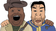 black_skin duster fallout fallout_4 friends friendship militia minuteman minutemen nate preston preston_garvey sole_survivor subvariant:chudplier variant:alicia vault_dweller vault_suit video // 2025x1150 // 363.3KB