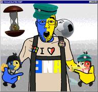 1990s 90s arm artist:xJanny background badge blue_skin clothes dog dream_bbq ear ena ena_bbq glasses hand hat hourglass hourglass_dog i_love merchandise moony open_mouth plush plushie pointing retro stubble teeth tshirt variant:shirtjak windows windows_95 yellow_skin // 626x586 // 182.8KB