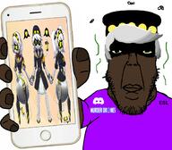 black_skin brown_skin bug clothes diaper discord esl fetish fly gray_hair hat holding_object holding_phone j_(murder_drones) murder_drones murder_drones_pedo n_(murder_drones) purple_shirt shitskin sticky subvariant:chudplier v_(murder_drones) variant:chudjak variant:markiplier_soyjak // 915x800 // 444.2KB