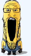 clothes glasses glove hair looking_at_you minion open_mouth overalls shadow shoe soyjak stubble teeth translucent_background transparent variant:markiplier_soyjak yellow_skin // 562x1000 // 428.6KB