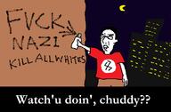 a_wyatt_mann closed_mouth clothes flag:nazi_germany fuck glasses hand moon ms_paint nazism night parody self_victimization soyjak spray_paint swastika text tshirt variant:chudjak white_genocide // 798x525 // 21.6KB