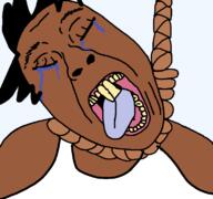 ack brown_skin buck_teeth clothes hair hanging minus8 open_mouth rope small_eyes soyjak variant:bernd // 771x723 // 24.6KB