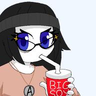 avengers clothes cup drinking_straw glasses hair holding_object looking_at_you necklace soy variant:soytan // 450x450 // 22.4KB