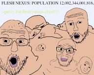 3soyjaks angry arm brown_eyes chud closed_mouth ear glasses greentext hand merge monster mustache open_mouth pointing smile soyjak stubble text variant:feraljak variant:two_pointing_soyjaks variant:wojak white_skin wojak // 680x538 // 226.5KB