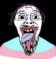 black_background creepy_face distorted glasses happy lipstick mustache open_mouth purple_hair stretched_mouth stubble tranny variant:bernd // 1170x1239 // 102.4KB