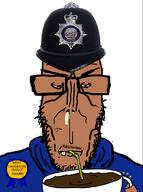 angry blue_shirt brown_skin clothes cup drinking glasses hat police subvariant:euromutt variant:markiplier_soyjak // 594x797 // 169.5KB