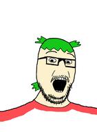 4chan anime clothes glasses green_hair hair mustache no_nose open_mouth soyjak stubble variant:wheatonjak white_skin yotsoyba // 1152x1564 // 28.7KB