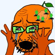 compressed cricket crying froot glasses kuz leaf open_mouth orange_skin series:crickjaks soyjak stubble variant:carterjak variant:cryboy_soyjak variant:kuzjak // 1063x1063 // 228.4KB