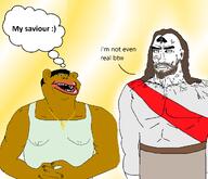 2soyjaks arm artist:rusoriz beard brown_hair brown_skin christian_cross christianity clothes ear hand jesus queen_of_spades subvariant:impish_amerimutt subvariant:perceptive_chud text thought_bubble variant:chudjak variant:impish_soyak_ears // 2048x1756 // 541.0KB