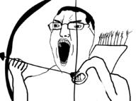 archer arrow bow_weapon chud glasses hair hand holding_object open_mouth soyjak variant:chudjak weapon // 1034x768 // 162.2KB