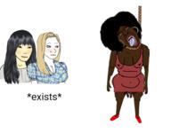 asian big_breasts black_skin black_woman blond female hand hanging suicide text variant:gapejak white_skin woman yellow_skin // 933x730 // 284.4KB