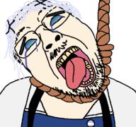 anime blue_eyes blue_hair chino_kafuu clothes crying dead flag glasses gochiusa grey_hair hair hanging mustache open_mouth rope soyjak stubble suicide tongue tranny variant:bernd // 768x719 // 59.3KB