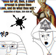 augustine_of_hippo bishop chromatic_aberration cloak conspiracy conspiracy_theory cult esoteric exclamation_mark eye_of_horus eyes history illuminati question_mark religion schizo unity unity_cube variant:two_pointing_soyjaks // 1284x1261 // 965.7KB