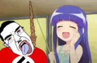 animated anime chud clothes female furude_rika glasses hanging higurashi nazism open_mouth rope smile soyjak spinning subvariant:patrick suicide swastika tongue variant:chudjak // 998x648 // 752.4KB