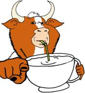 animal biz_(4chan) bull cup drinking drinking_straw ear hand holding_object horn mug orange_skin pointing pointing_at_viewer pointy_ears sip snout soyjak stubble subvariant:impdrink variant:impish_soyak_ears white_hair // 732x803 // 151.8KB