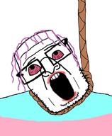 anhero bloodshot_eyes glasses hanging open_mouth purple_hair rope soyjak stubble subvariant:jjj suicide tranny transgender_flag variant:ppp // 663x805 // 165.6KB