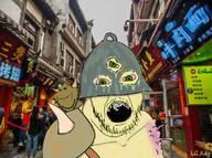 2soyjaks angry asian bad_teeth bloodshot_eyes chaos chaos_cultist china clothes daemon hat horn irl_background multiple_eyes mutant nurgle nurgling smile soyjak stubble variant:feraljak variant:impish_soyak_ears warhammer yellow yellow_skin // 1553x1154 // 2.1MB