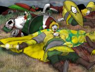 3soyjaks battle can closed_mouth clothes full_body hat holding_object lemon open_mouth painting redraw shield side_profile soyjak sproke stubble stuybble sword tony_lemony variant:chudjak variant:gapejak // 795x601 // 920.0KB