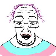 eyelashes glasses hair open_mouth purple_hair soyjak stubble tranny variant:unknown // 1080x1080 // 55.9KB