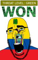ahegao animal bird country ecuador emerald flag flag:ecuador gem glasses green green_eyes hair halberd looking_up mountain open_mouth river schlog_color_event soyjak soyjak_blog stubble sun teeth text threat_level_green variant:cobson vulture water won // 721x1115 // 204.8KB