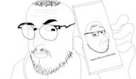 2soyjaks arm closed_mouth clothes glasses hair hand holding_object holding_phone mustache smile smug soyjak stubble text variant:smugjak variant:unknown // 1920x1118 // 322.0KB