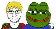 closed_mouth friendship frog glasses green green_skin hair happy nate pepe smile soyjak soyteen stubble subvariant:soyak_front text variant:soyak wholesome yellow_hair // 1701x880 // 311.6KB