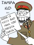 asian cap clothes communism full_body glasses half_open_mouth hammer_and_sickle hat holding_object kgb knife kuz military_uniform paper sign small_eyes soyjak star stubble teeth uniform variant:soykio_kid // 989x1293 // 150.1KB