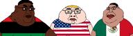 black_skin brown_skin chud chudmutt_trio closed_mouth fat flag:mexico flag:pan-african flag:united_states glasses gynaecomastia hair lips mexico mutt pan_african reunion subvariant:chudmutt subvariant:incel_chudjak subvariant:tongamutt transparent_background united_states variant:chudjak variant:meximutt white_skin // 3130x840 // 495.8KB