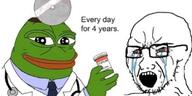 bloodshot_eyes crying doctor frog holding_object meds pepe seething soyboy soyjak stubble variant:soyak // 680x340 // 26.5KB