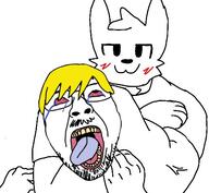 bloodshot_eyes boykissersilly_cat buff choke_hold crying dave furry glasses mustache nate open_mouth paw soot_colors soyjak soyjak_party strangling the_weak_should_fear_the_strong tongue variant:bernd yellow_hair // 499x461 // 35.1KB
