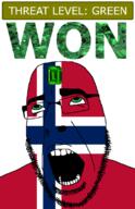 ahegao country emerald flag flag:norway gem glasses green green_eyes hair looking_up norway open_mouth schlog_color_event soyjak soyjak_blog stubble teeth text threat_level_green variant:cobson won // 721x1115 // 140.6KB