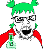 4chan angry anime badge clothes crazed glasses green_hair hair oldfag open_mouth soyjak stubble variant:feraljak yotsoyba // 1400x1630 // 687.0KB