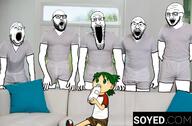 4chan 5soyjaks anime arm blacked crazed glasses green_hair hair hand irl_background open_mouth soyed soyed.com soyjak stretched_mouth stubble subvariant:soyak_(crazed) variant:cirrus variant:gapejak variant:hot_sauce variant:markiplier_soyjak variant:soyak yotsoyba // 2000x1308 // 1.7MB