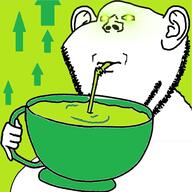 arrow business cup drinking drinking_straw drinoing_straw ear glowing glowing_eyes green hand holding_object mug profit sip soyjak stubble subvariant:impdrink variant:impish_soyak_ears // 955x956 // 316.9KB