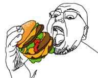 alternate arm ear glasses hamburger hand holding_object open_mouth soyjak stubble subvariant:bernger template variant:gapejak // 1106x884 // 40.2KB